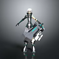 Futuristic Game Movie Character With White Hair Green Black Outfit Holding Tech Weapon