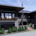Modern Two Story Sales Office Building With Pool Lounge Chairs And Greenery