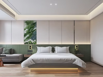 Modern Hotel Guest Room Interior With White Bed Green Wall Gray Sofa And Wooden Floor 3d model