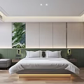 Modern Hotel Guest Room Interior With White Bed Green Wall Gray Sofa And Wooden Floor