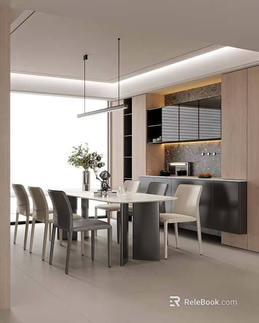 Modern Restaurant Interior With Dining Table Chairs Hanging Lights And Kitchen Cabinets 3d model