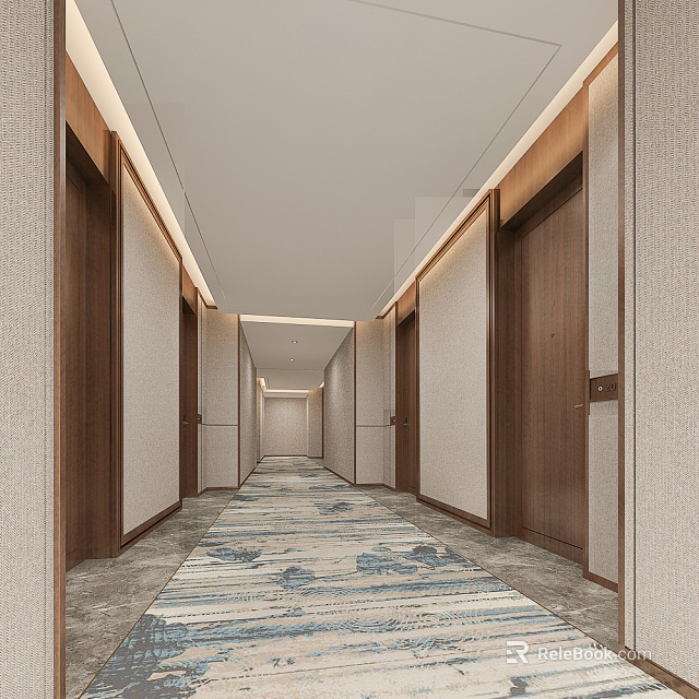 Hotel Corridor With Wooden Doors Light Colored Walls Elegant Carpet And Warm Lighting 3d model 