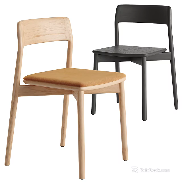 Modern Dining Chairs With Light Wood Frame Black Finish And Brown Upholstered Seat 3d model 