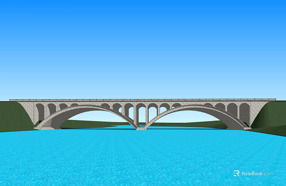 Stone Arch Bridge With Multiple Arches Spanning Blue River Under Clear Sky 3d model