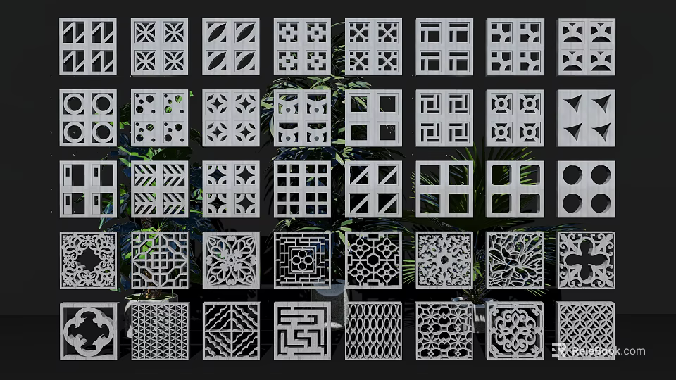 White Perforated Carved Decorative Panels With Various Intricate Patterns On Black Background 3d model 