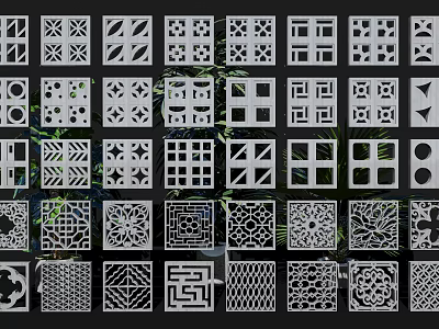 White Perforated Carved Decorative Panels With Various Intricate Patterns On Black Background 3d model