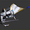 Fantasy Armored Character in Blue White Armor With Long Spear And Ornate Decorations