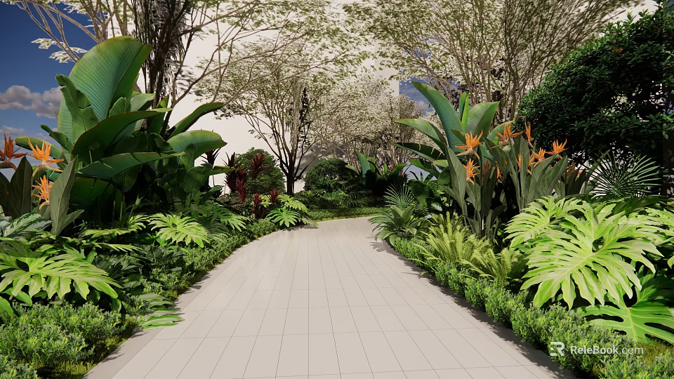 Lush Flowers and Plants Along Tropical Garden Path With Large Green Leaves Orange Blooms and Trees 3d model 