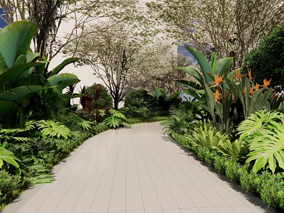 Lush Flowers and Plants Along Tropical Garden Path With Large Green Leaves Orange Blooms and Trees 3d model