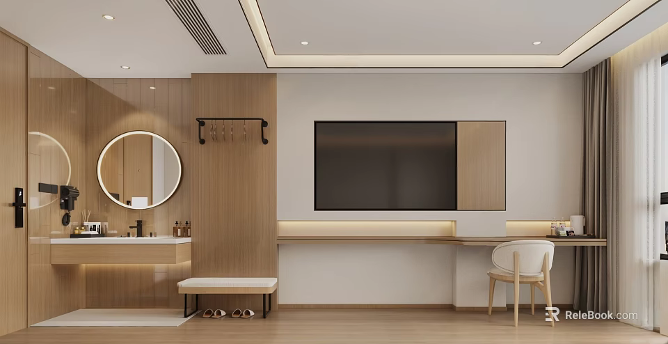 Hotel Room Interior With Wooden Furniture Round Mirror Wall Mounted Coat Rack Bench And Chair 3d model 