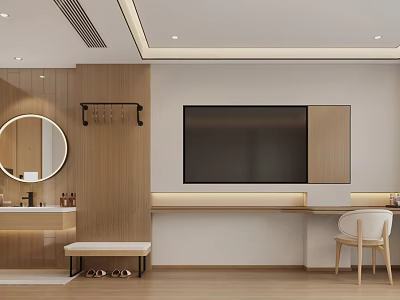 Hotel Room Interior With Wooden Furniture Round Mirror Wall Mounted Coat Rack Bench And Chair 3d model