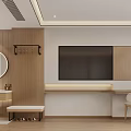 Hotel Room Interior With Wooden Furniture Round Mirror Wall Mounted Coat Rack Bench And Chair