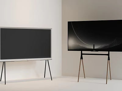Modern Televisions With White Frame And Black Screen On Tripod Stands In Minimalist Room 3d model