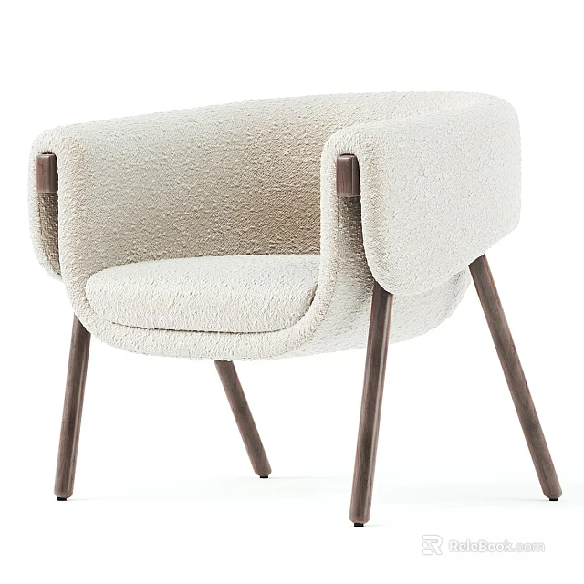 Modern Beige Armchair With Soft Textured Fabric Rounded Armrests And Wooden Legs 3d model 