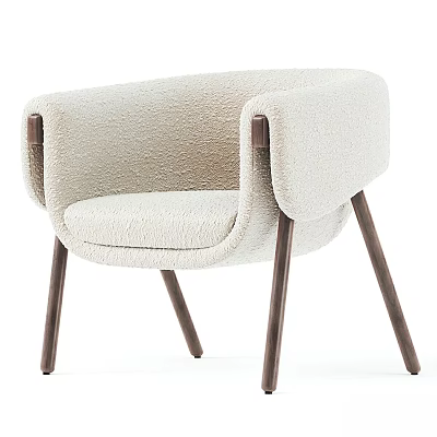 Modern Beige Armchair With Soft Textured Fabric Rounded Armrests And Wooden Legs 3d model