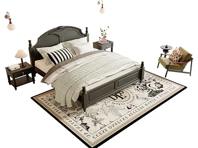 Double Bed With Dark Headboard Striped Pillows White Quilt Nightstands Lamps And Patterned Rug 3d model