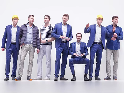 Group of Men in Suits and Various Clothing With Yellow Hard Hats on White Background 3d model