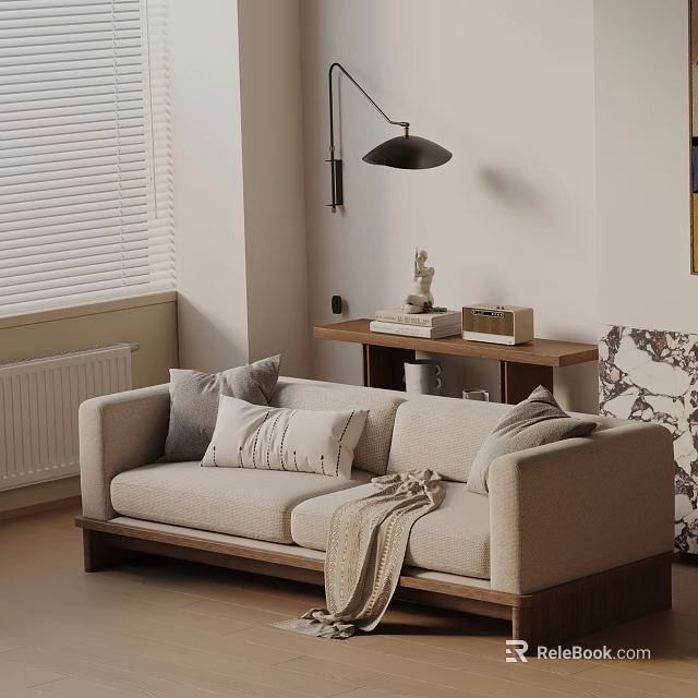 Cozy Beige Leisure Chair with Wooden Armrests Gray Cushions and Blanket in Living Room 3d model 