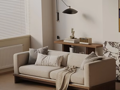 Cozy Beige Leisure Chair with Wooden Armrests Gray Cushions and Blanket in Living Room 3d model