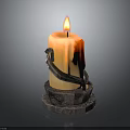 Burning Orange Candle With Melting Wax On Metal Candlestick Holder Against Dark Background