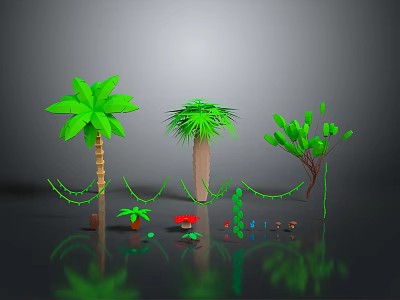 Various Green Tropical Plants Including Palm Trees Vine Decor And Small Potted Plants 3d model