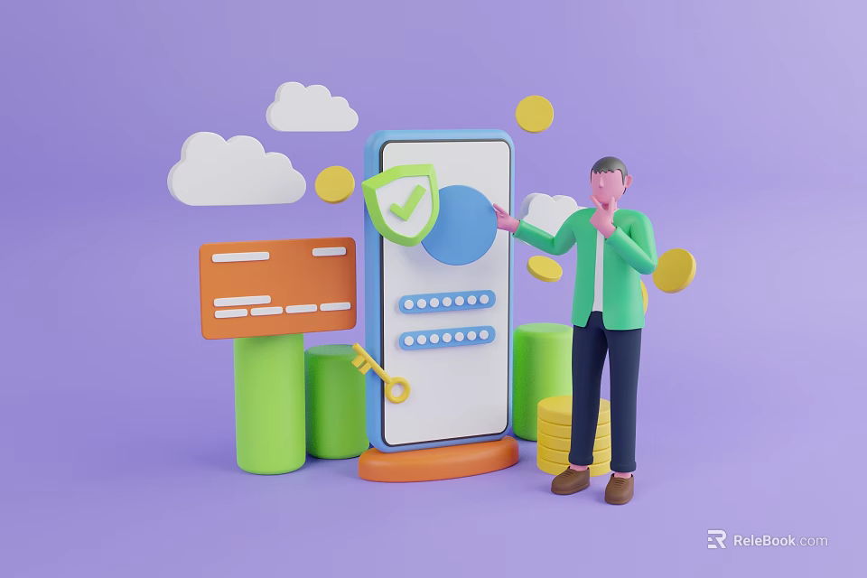 Game Movie Character Holding Smartphone With Shield Checkmark Credit Card Coins Green Pillars And Clouds 3d model 