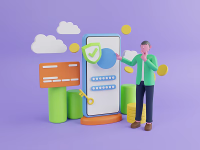 Game Movie Character Holding Smartphone With Shield Checkmark Credit Card Coins Green Pillars And Clouds 3d model