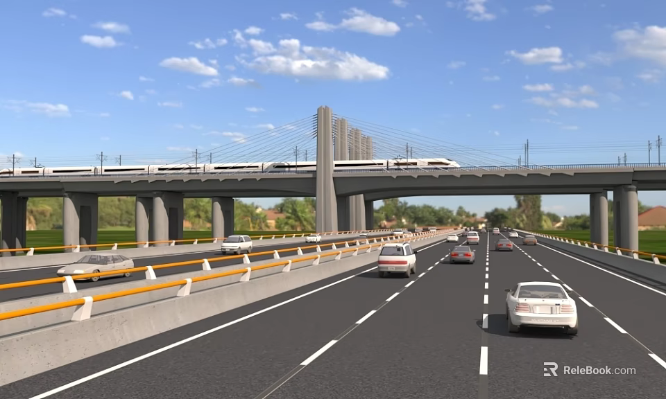 Modern Bridge With Train Crossing Over Busy Highway And Tall Buildings Under Blue Sky White Clouds 3d model 