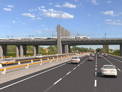 Modern Bridge With Train Crossing Over Busy Highway And Tall Buildings Under Blue Sky White Clouds 3d model