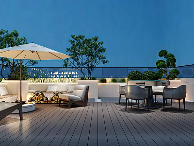Garden Patio With Wooden Deck White Parasol Sofa Dining Chairs And Greenery 3d model