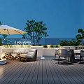 Garden Patio With Wooden Deck White Parasol Sofa Dining Chairs And Greenery