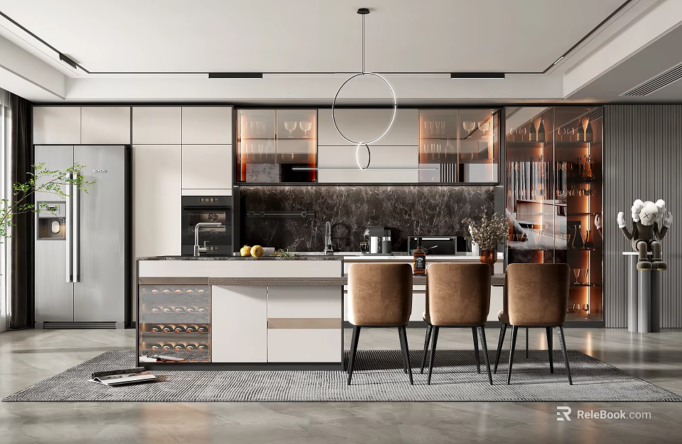 Modern Kitchen Interior Design With Circular Hanging Light Island Counter Appliances And Cabinets 3d model 