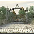 Building Exterior Wall With Ornate Iron Gate Falling Autumn Leaves Green Trees And Cobblestone Path
