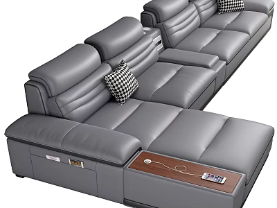 Gray Leather L shaped Sectional Sofa With Storage Compartments Side Table And Checkered Accent Pillows 3d model