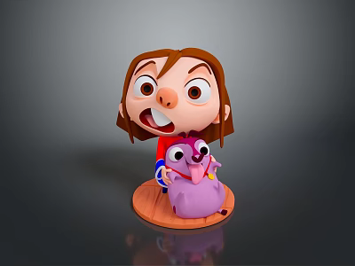 Cartoon Figurine With Brown Hair Big Eyes Red Shirt Holding Purple Animal On Wooden Base 3d model