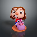 Cartoon Figurine With Brown Hair Big Eyes Red Shirt Holding Purple Animal On Wooden Base