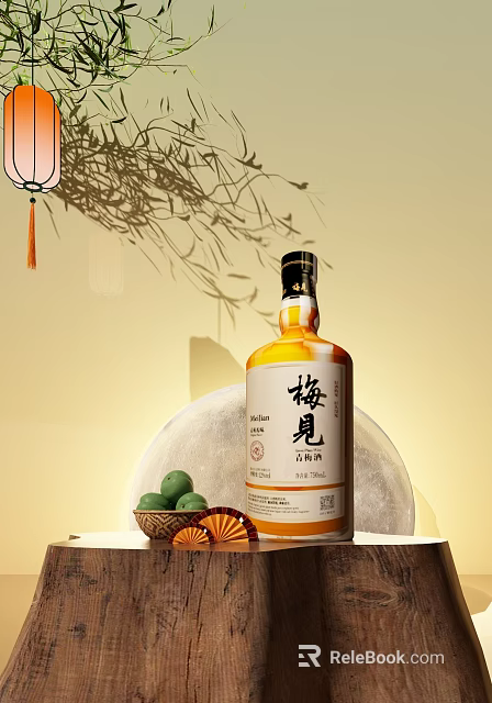 Traditional Chinese Plum Wine Bottle And Glass With Green Plums Moon And Bamboo Leaves 3d model 