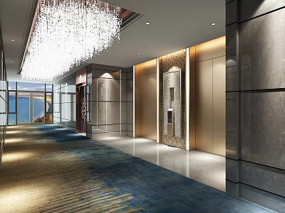 Modern Elevator Lobby Design With Crystal Chandelier Marble Walls And Luxury Carpet 3d model