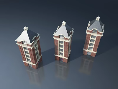 Hinged Doors For Red Brick Tower Buildings With White Roof And Window Frames 3d model