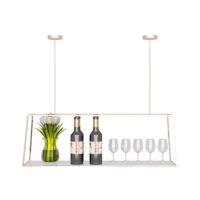 Elegant Wine Cabinet With Red Wine Bottles Glasses Green Vase White Flowers And Hanging Lights 3d model