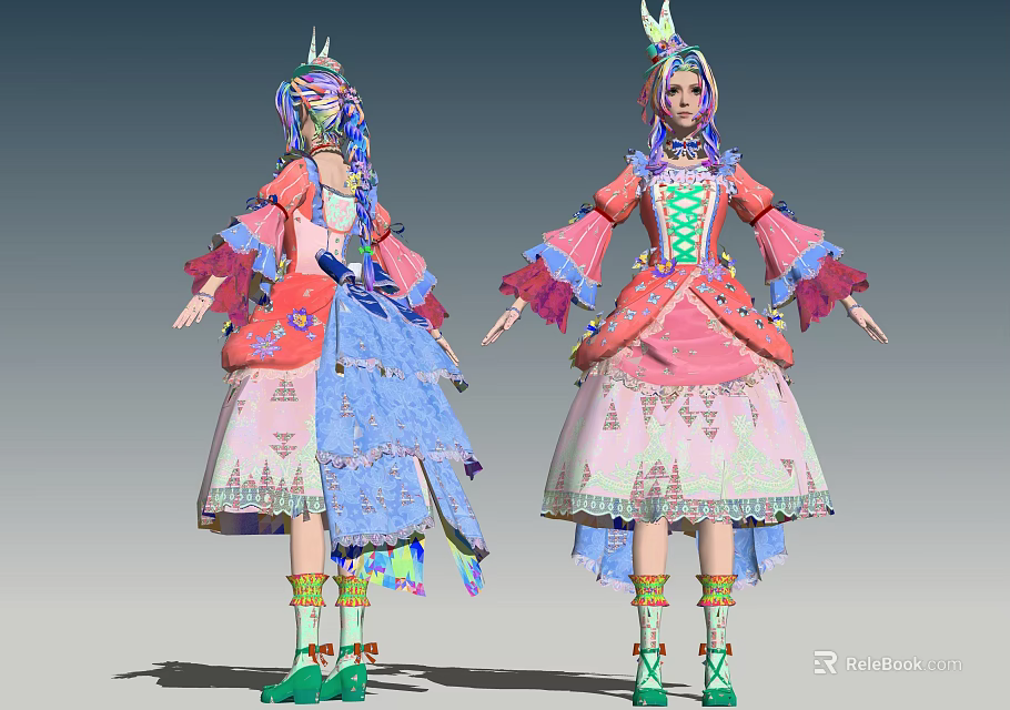 Vibrant Game Movie Character With Colorful Hair Feathered Hat Ornate Skirt And Green Shoes 3d model 
