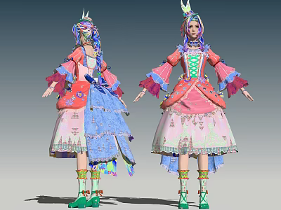 Vibrant Game Movie Character With Colorful Hair Feathered Hat Ornate Skirt And Green Shoes 3d model