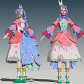 Vibrant Game Movie Character With Colorful Hair Feathered Hat Ornate Skirt And Green Shoes