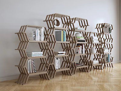 Modern Wooden Hexagonal Bookshelf with Geometric Design Featuring Books and Decor 3d model