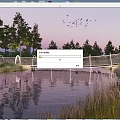 Scenic Bridge Over Calm Water With Tree Reflections And Flock Of Birds At Dusk
