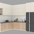 Modern Kitchen Interior With White Wooden Cabinets Black Refrigerator Dark Countertop And Faucet