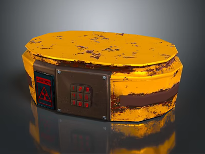 Industrial Commercial Equipment With Yellow Worn Exterior Brown Control Panel Red Buttons And Warning Sign 3d model