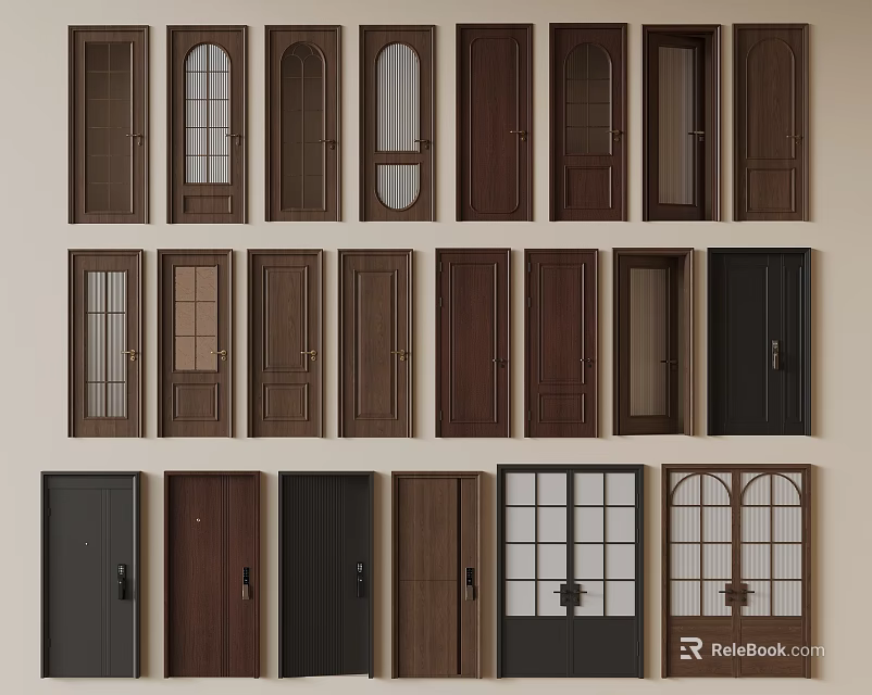 Various Sliding Doors In Different Designs With Wooden And Glass Panels 3d model 