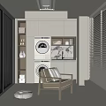 Modern Home Balcony Space With Washing Machines Storage Cabinets Leisure Chair Robot Vacuum And Blinds
