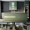 Elegant Modern Kitchen Featuring Green Cabinets Black Countertop Brick Backsplash And Oven